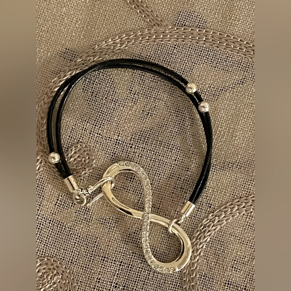 Infinity Bracelet Silver with Clear Stones and Black Cord